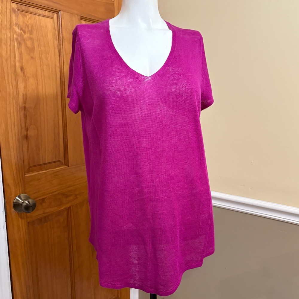 Eileen Fisher Fuchsia Organic Linen Short Sleeve Top - Picture 2 of 5